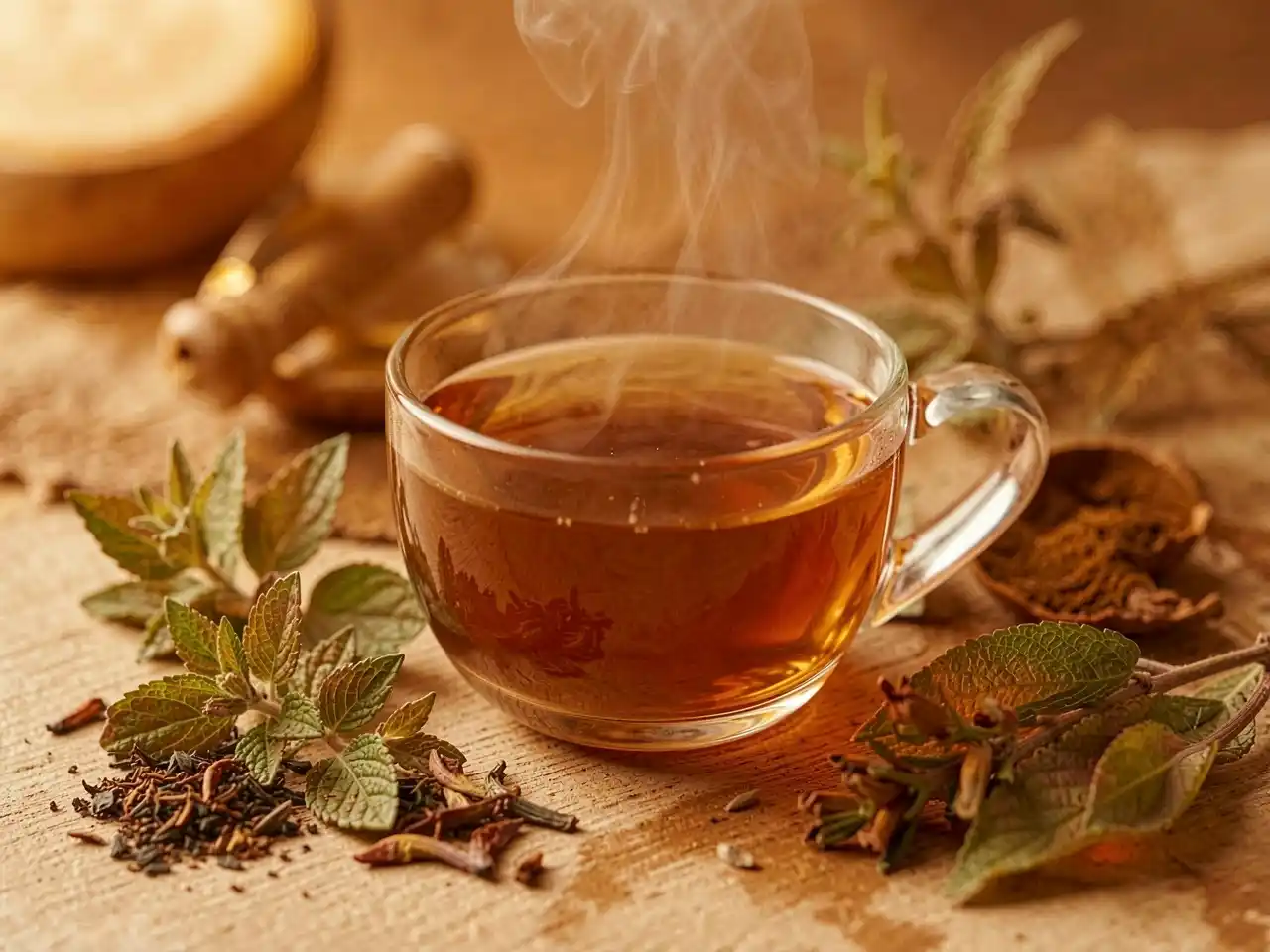 Warm amber and brown tones representing grounding herbal tea compositions